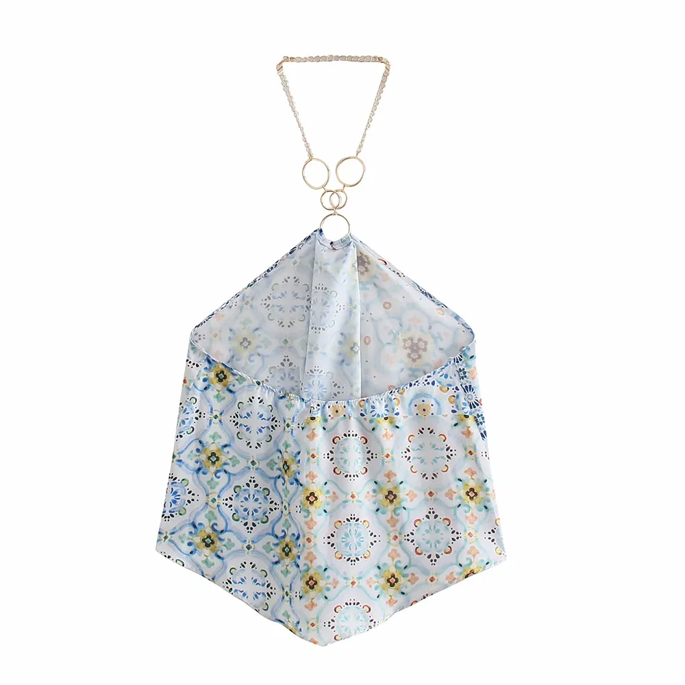 

2021 New Summer Women Two Piece Set Vintage Casual Bohemia Print Slim Chain Halter Female High Waist Tie Split Skirt Set