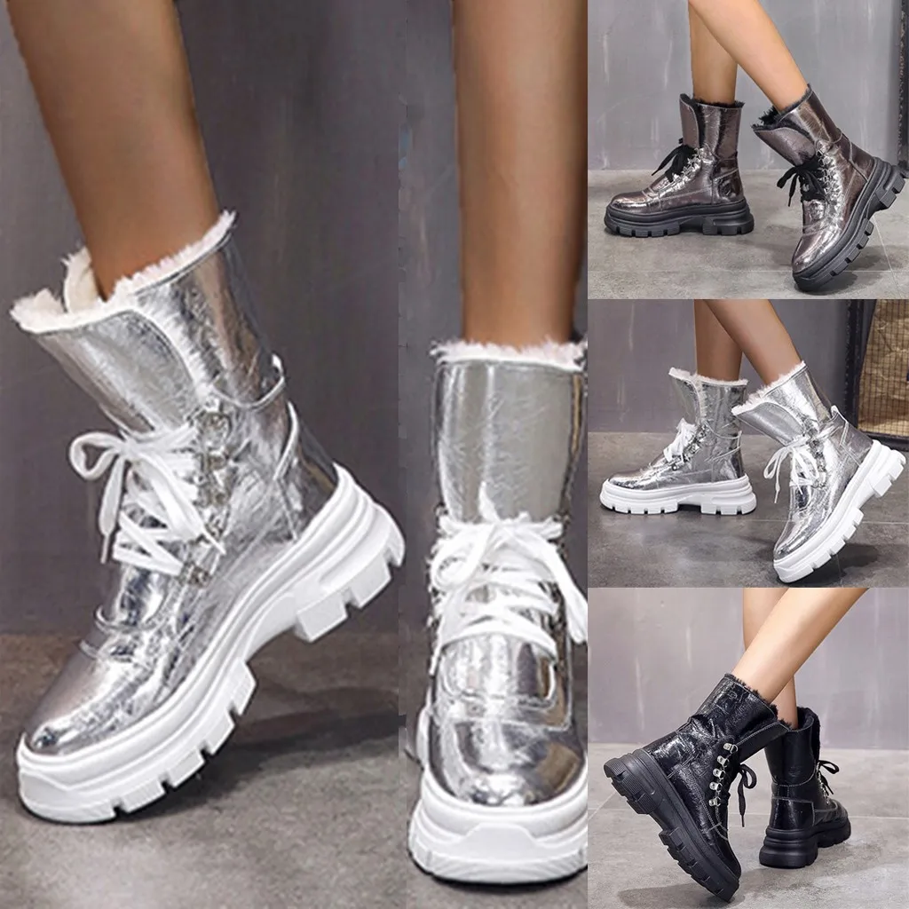 Женская обувь ботинки на платформе в Корейском стиле женские зимние блестящие