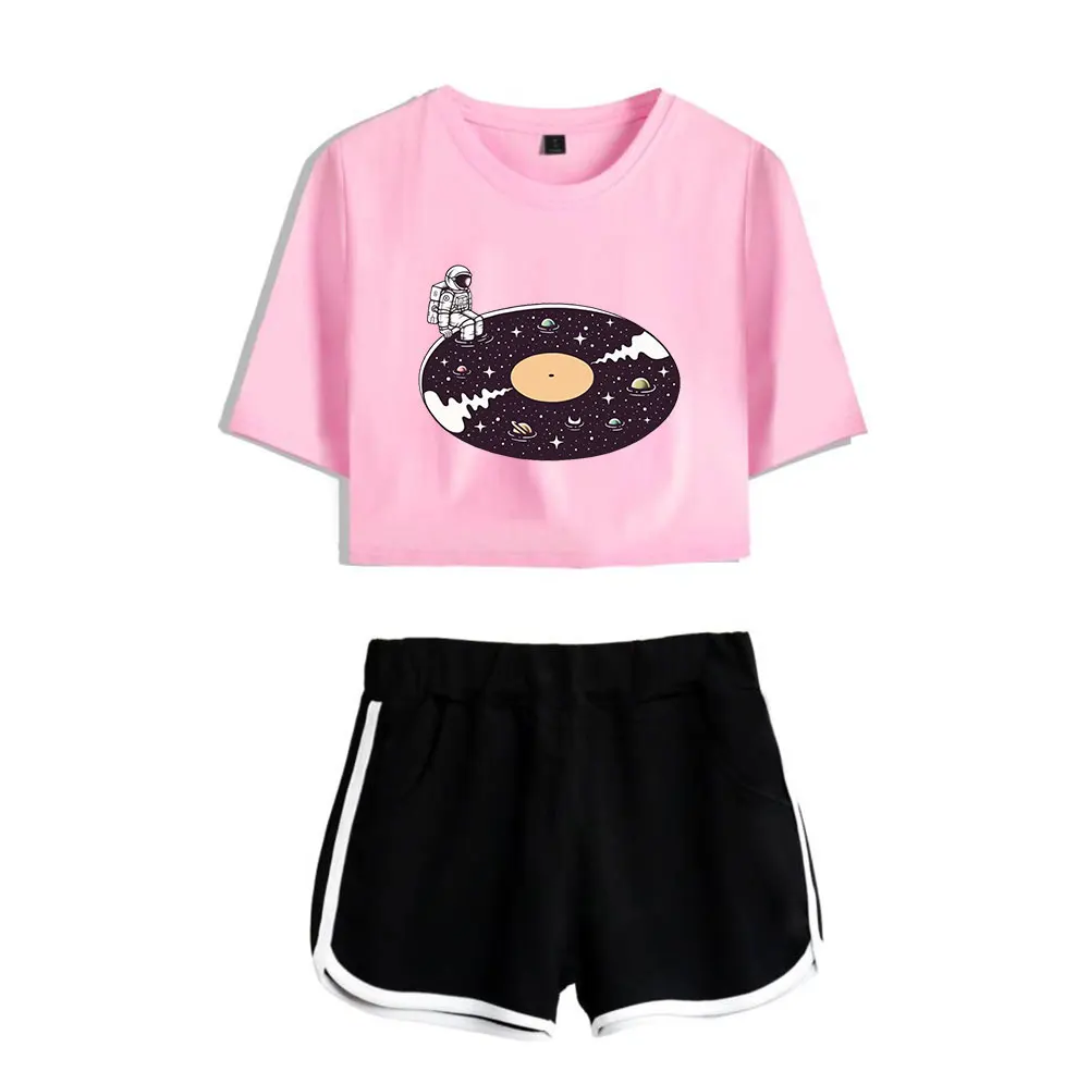 

2022 New Cartoon Cool Astronaut Harajuku Set 2 Piece Kawaii Sexy Women Print Suit Girls Streetwear Summer Tshirt + Shorts Suit