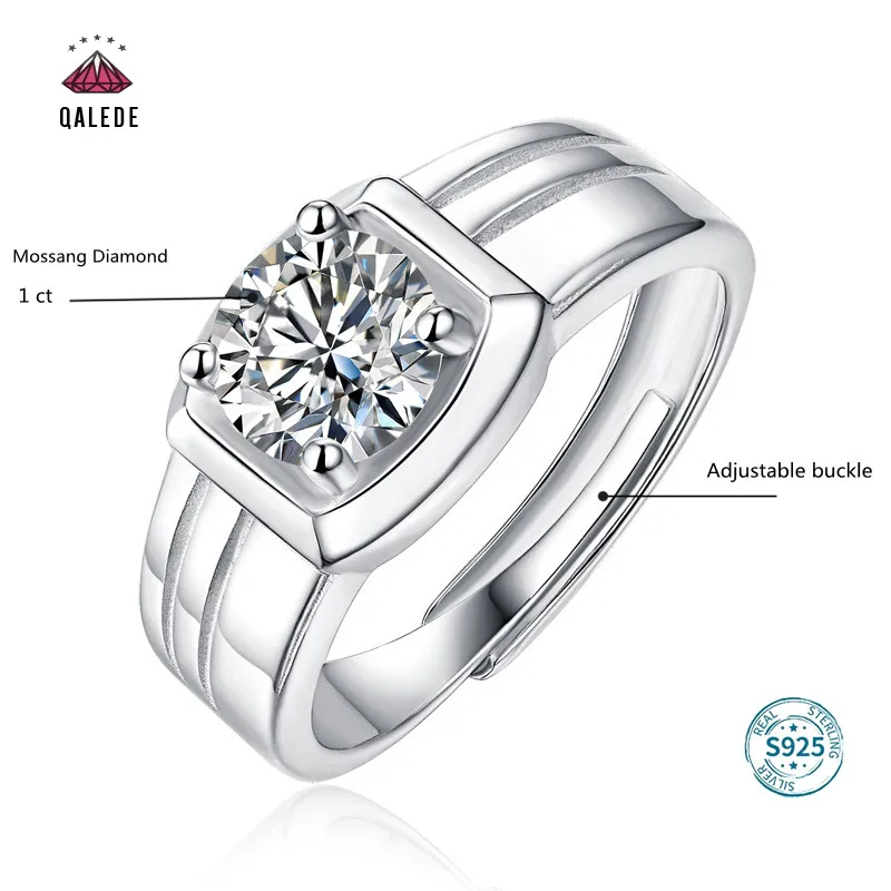 

QALEDE S925 Silver Ring Simple Male Ring Inlaid 1 ct Moissan Diamond Ring New Couple Fashion Ring Jewelry Gift