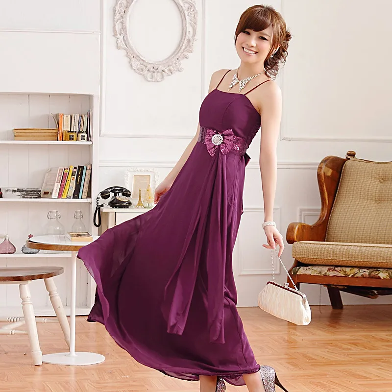 

Plus Size Women Clothing Spaghetti Strap Strapless Sequins Bow Chiffon Long Dress for Evening Party