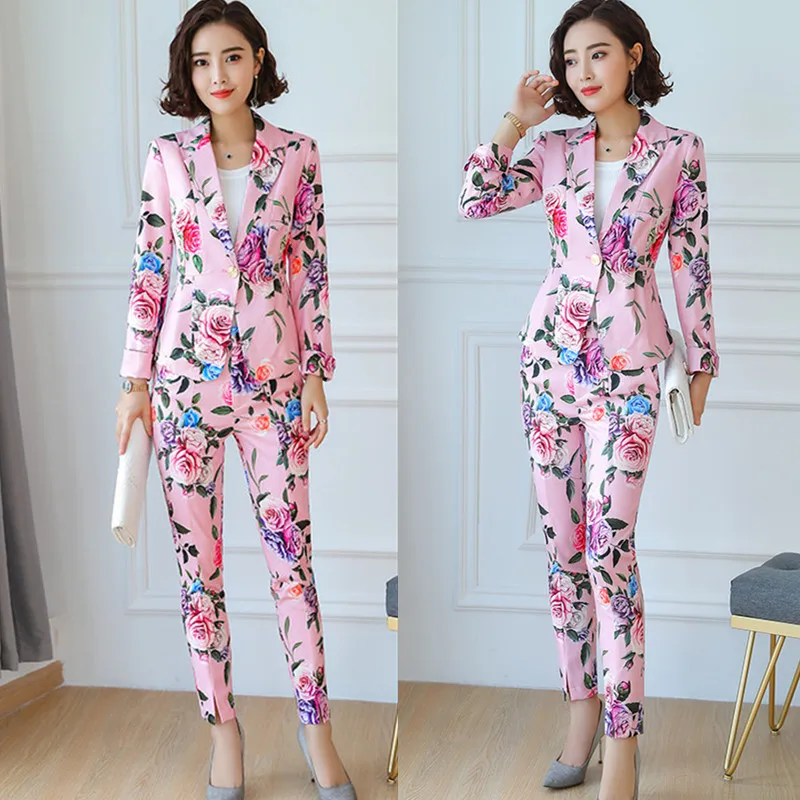2021 модные брючные костюмы для женщин Цветочный принт элегантный деловой костюм