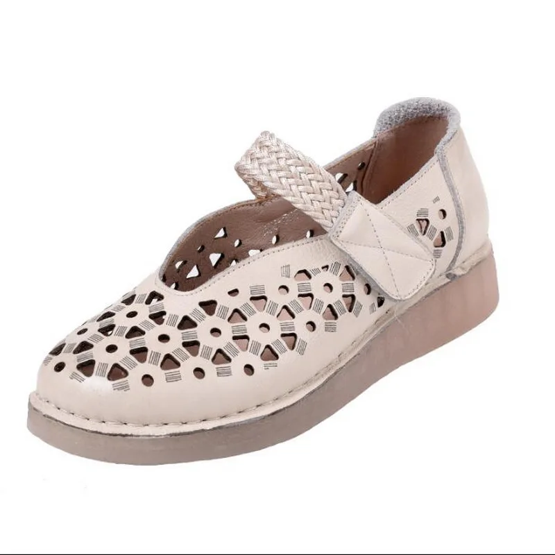 Handmade Women's Flats 2020 Summer Genuine Leather  Soft Bottom Ladies Shoes Hollow Hole Woman Retro Solid Gladiator Sandals