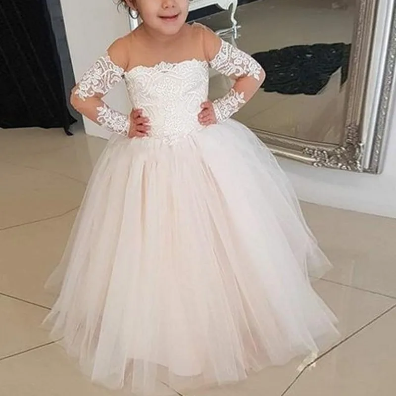 Свадебное платье для девочек тюль белый кружево аппликации Воротник Sheer Jewel с