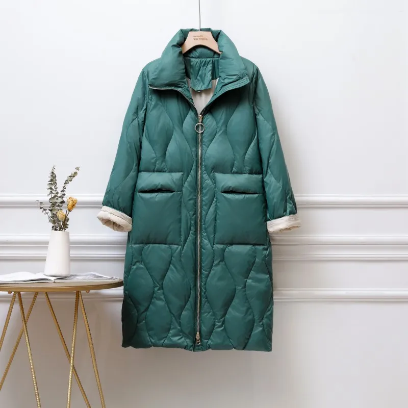 FTLZZ New Winter Women Jacket Loose Stand Collar Zipper Pockets White Duck Down Coat Lady Casual Thick Warm Long Down Outwear