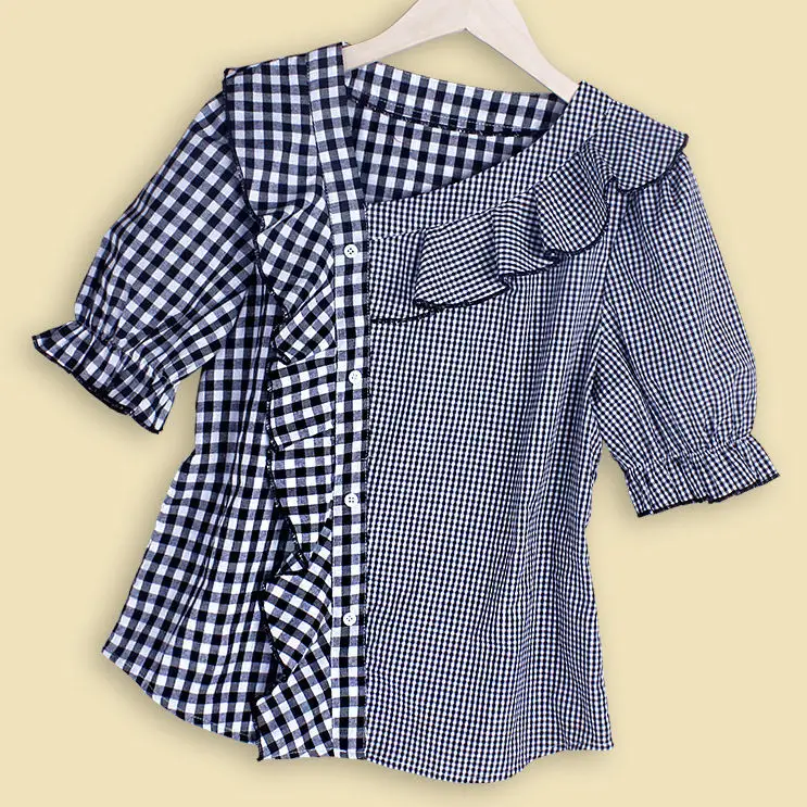 

2021 New Fashion Summer Women Shirts Elegant Short Puff Sleeve V-Neck Blouse Korean Female Casual Loose Plaid Shirt Tops L293