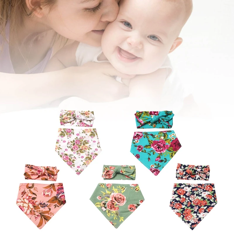 

2 Pcs Baby Feeding Drool Bib Headband Set Double Side Floral Print Bibs Hair Band Kit Saliva Towel Soft Pure Cotton