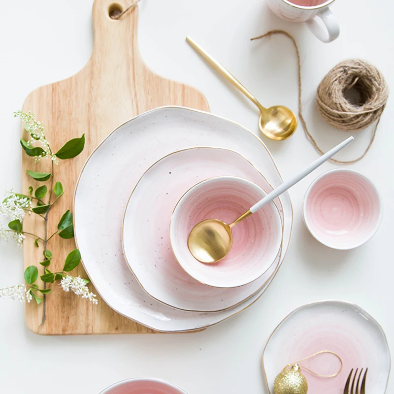 Европейская керамическая обеденная тарелка с настоящей золотой полосой рисовая