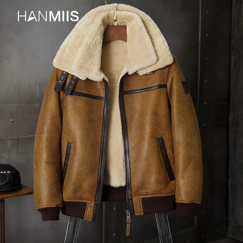 

Куртки HANMIIS, куртка-бомбер, новая мужская кожаная куртка с двойным воротником и мехом, Мужская одежда, военные, мотоциклетные, зимние мужские