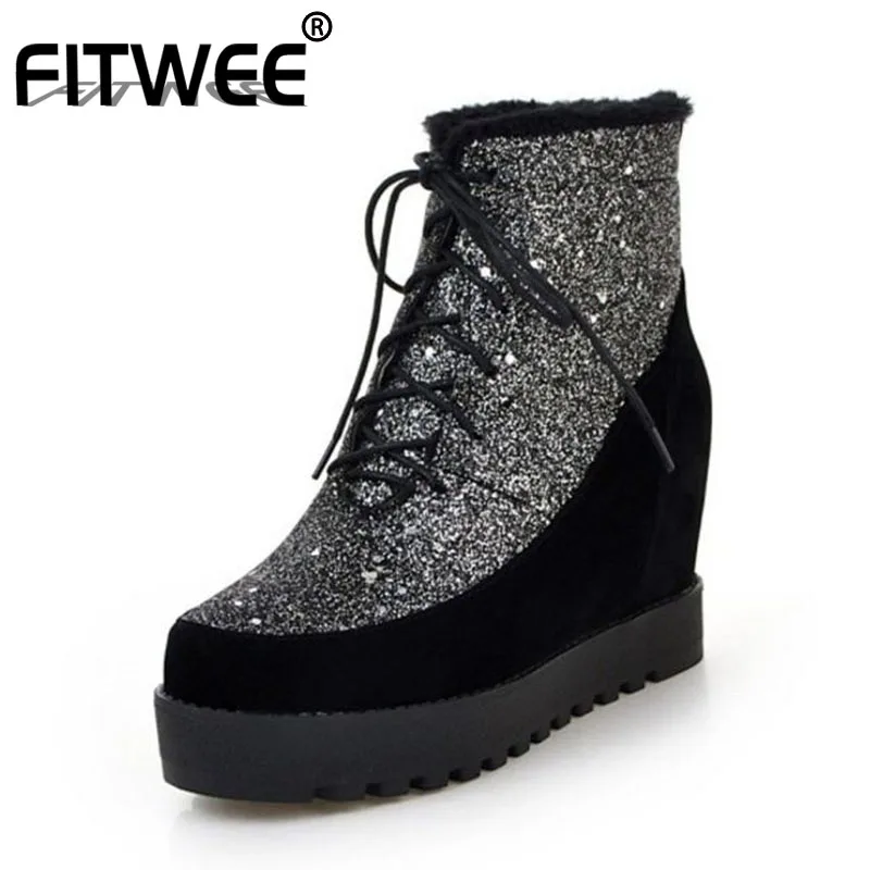 FITWEE женские плюшевые зимние ботинки на меху круглый носок со скрытым каблуком