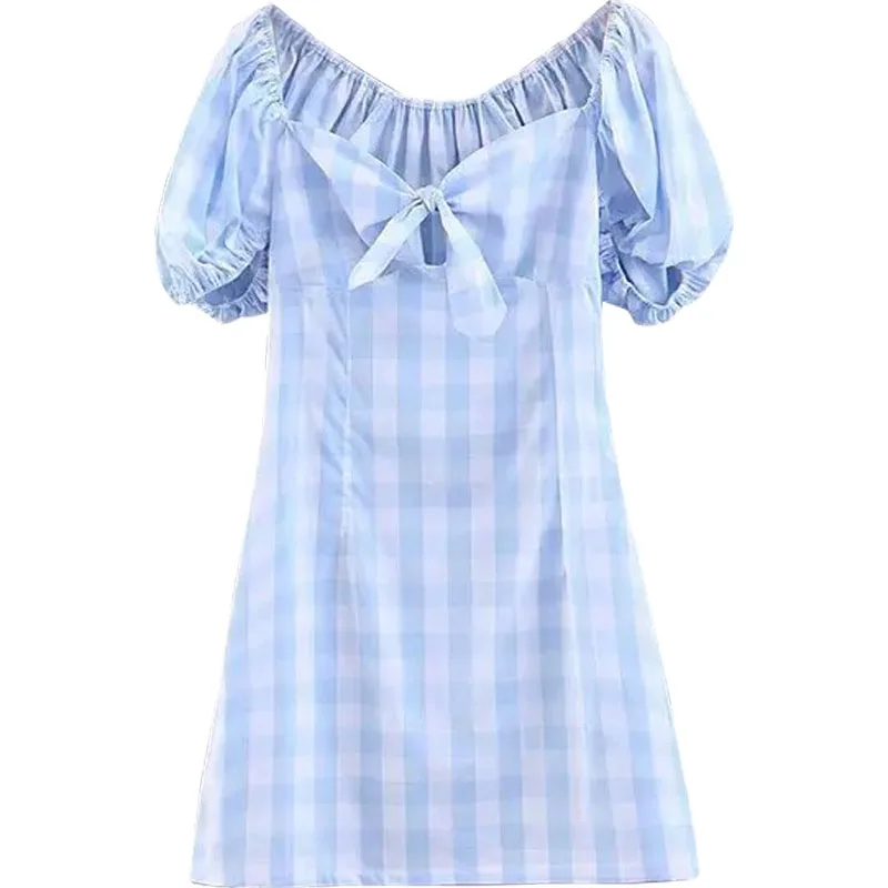 

Schinteon Women Blue White Plaid Dress A-Line Vintage Bowknot Square Collar Puff Sleeved Sexy Slim Mini Dresses Party