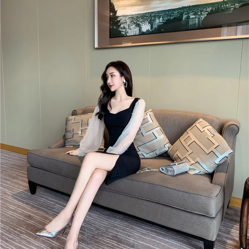 Женское весенне-осеннее платье элегантное черное Сетчатое в стиле пэчворк с