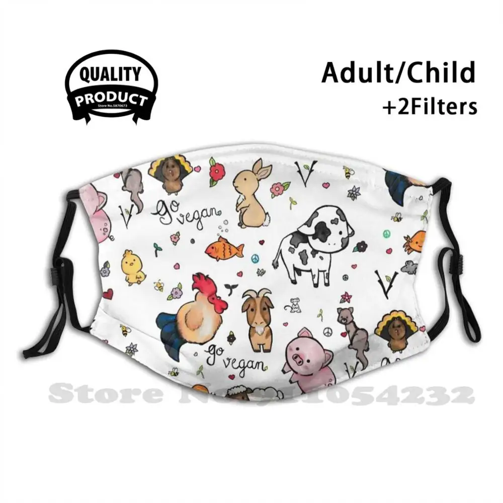 

Черная дышащая многоразовая маска для рта с узором для веганов, на основе растений, корова, свинка, норка, курица, кролик, овечка с узором