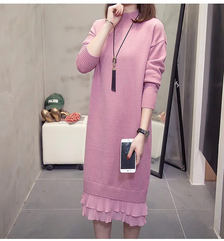 XL-4XL размера плюс, женское вязаное платье с высоким воротом, зима, длинный рукав, пэтчворк, гофрированный женский свитер, теплые платья