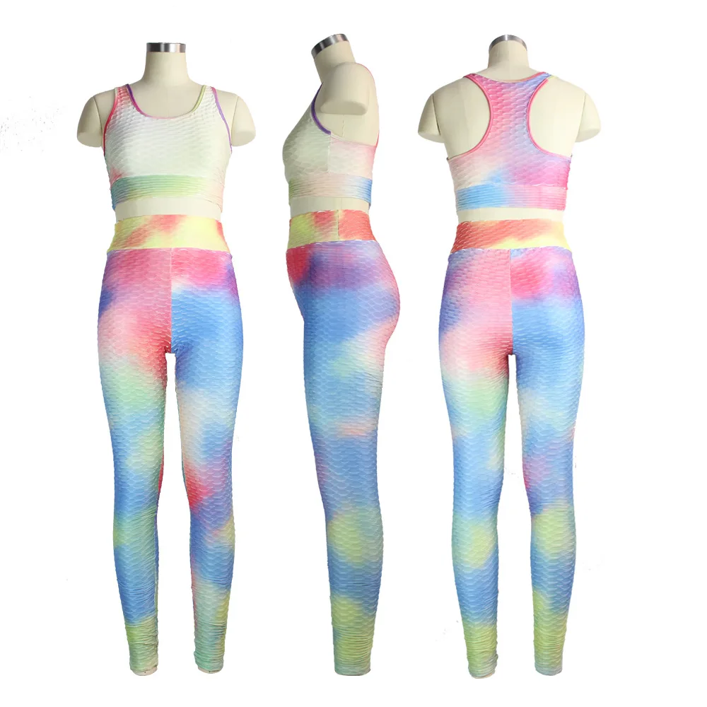 Summer new casual tie dye print sports two piece suit fashion slim fit o-neck sleeveless suspender vest and trousers women's set |