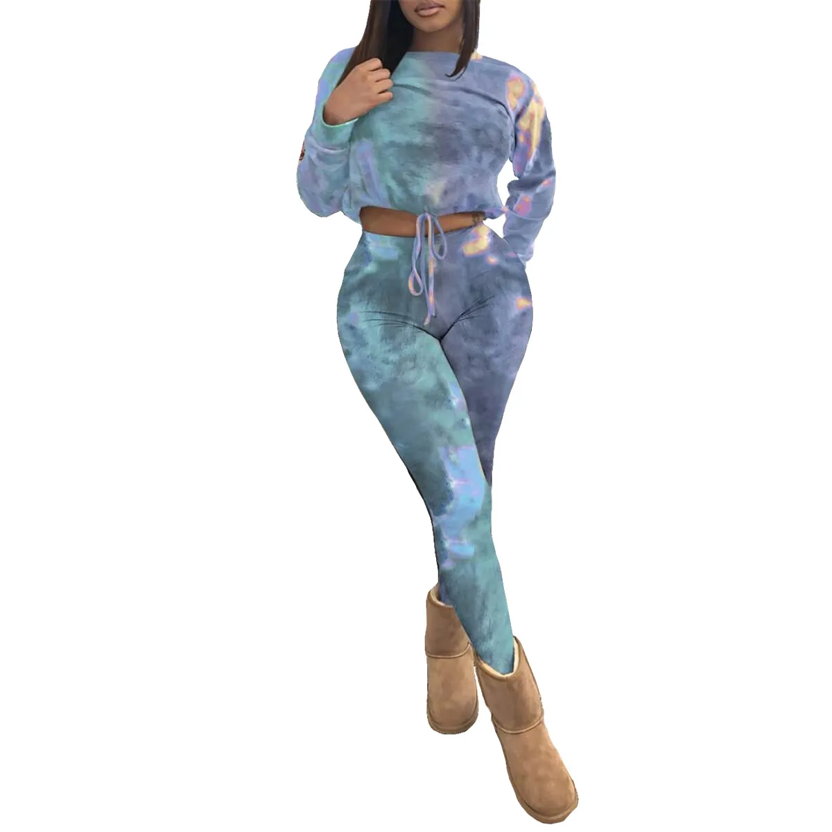 

Tie Dyeing Print Long Sleeve Crop Top and High Waist Skinny Legging Two Piece Sets for Women Fashion Bodycon Co-ord Outfits