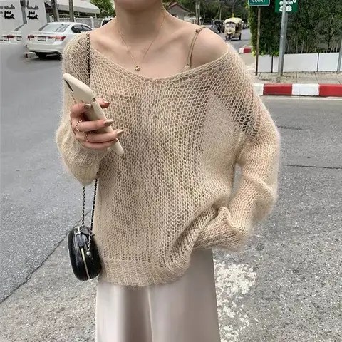 Женский мохеровый свитер с V-образным вырезом, свободного покроя