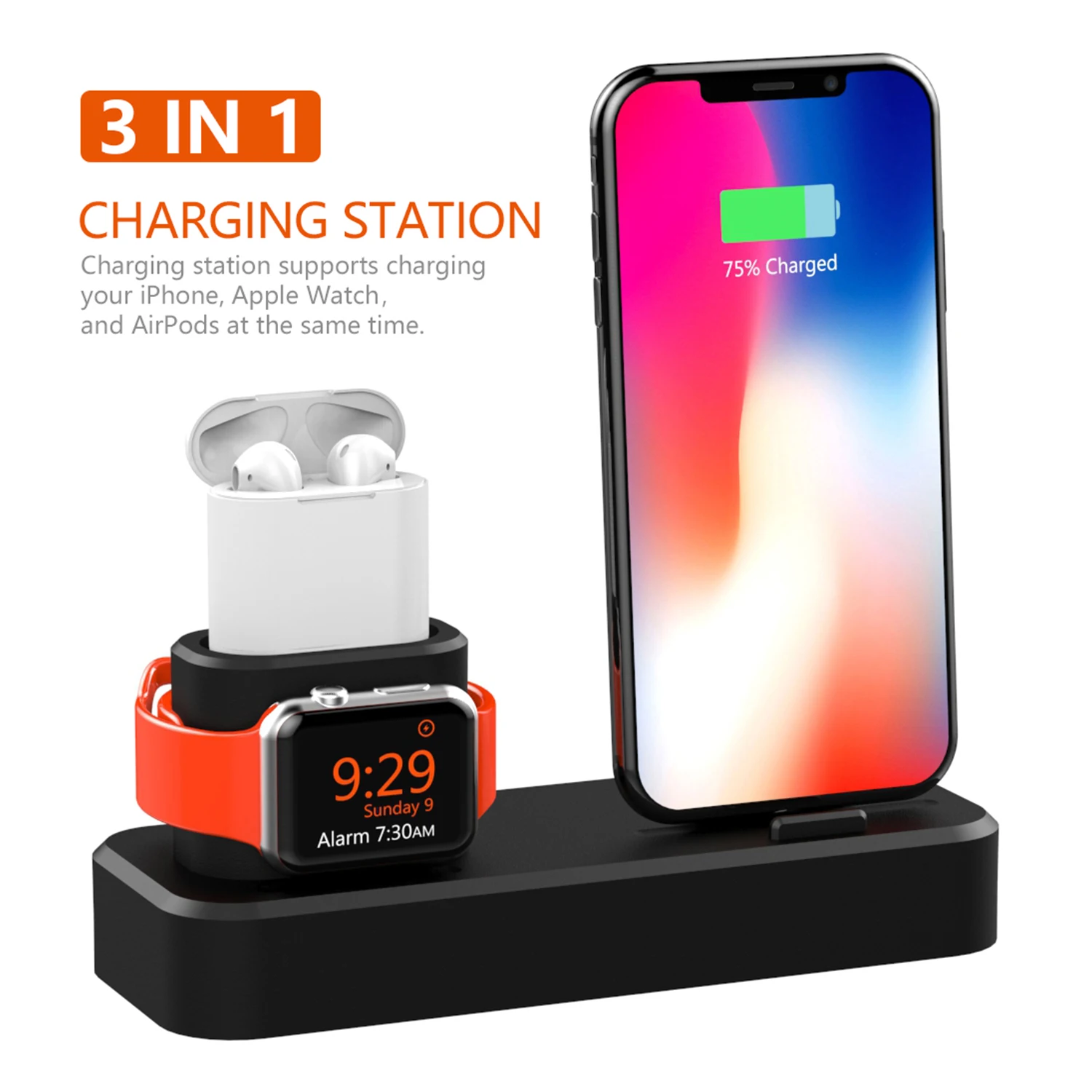 Besegad 3 in 1 Silicone Gel Charging Holder Dock Station Charger Stand cargador for Apple Watch iWatch AirPods iPhone X Xs Max