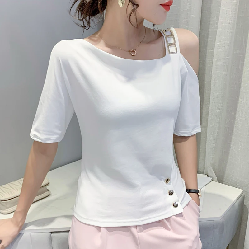 

Летняя футболка женская в Корейском стиле с вырезом лодочкой Сексуальная футболка с коротким рукавом с открытыми плечами хлопковые футболки женские рубашки y2k одежда