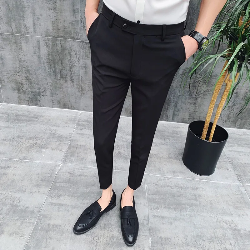 

British Style Ankle Length Spring Summer Men Dress Pants Stretched Simple Slim Fit Casual Office Trousers Formal Wear Hot Sale