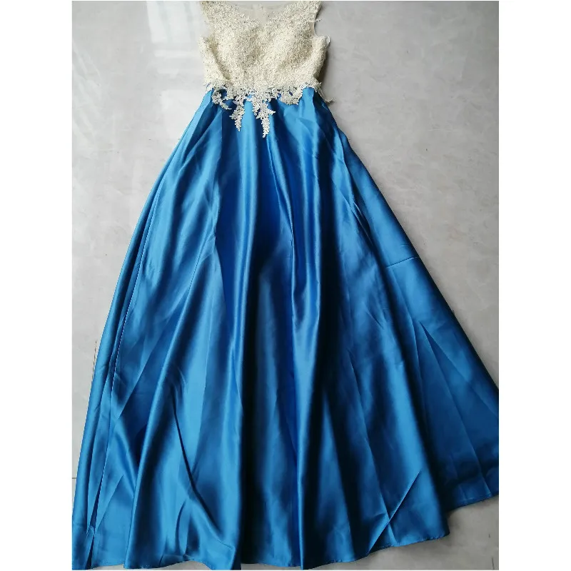Long Royal Blue KAUNISSINA, женское вечернее платье для церемонии, длинное платье, круглый вырез, кружево, атлас, бисер, длина до пола, платье для выпускного вечера, настоящая фотография, Vestido - Цвет: Long Royal Blue