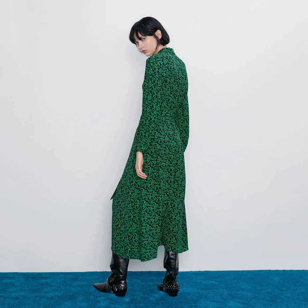 Женское длинное платье ZA зеленое ТРАПЕЦИЕВИДНОЕ ПЛАТЬЕ с воротником стойкой и