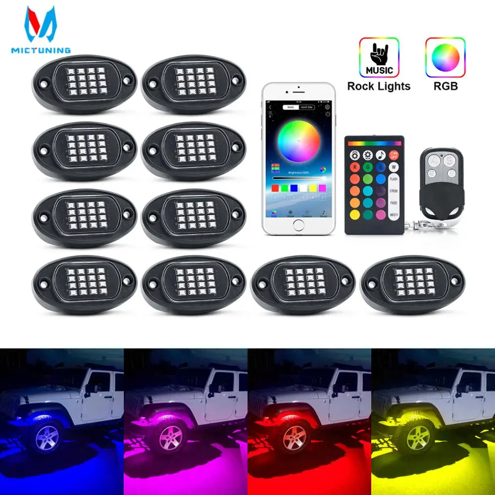 MICTUNING 10 Pods RGB LED Rock Lights With APP Double RF Remote Control 160 LEDs Multicolor Neon Underglow Lighting Kit For Cars