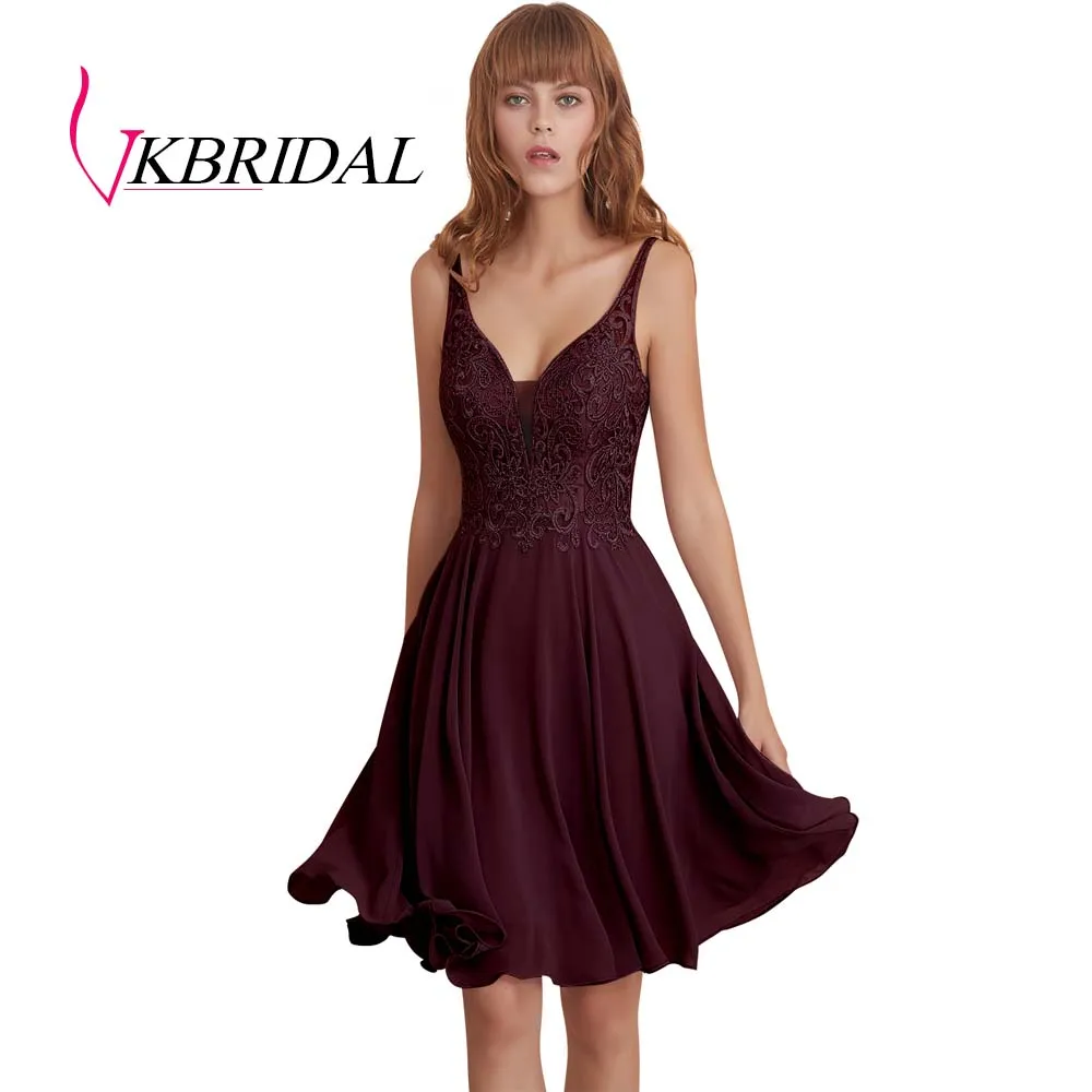 grape VKBRIDAL сексуальные короткие платья для выпускного вечера с открытой спиной шифоновые аппликационные кружева с бисером милые платья для выпускного вечера - Цвет: grape