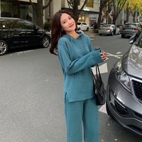 fashion hooded knitted suit womens autumn and winter exotic wide leg pants fried street temperament sweater two piece set