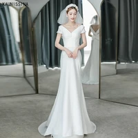kaunissina satin wedding dresses v neck back bow sweep train backless bridal gowns korean style women white simple bride dress