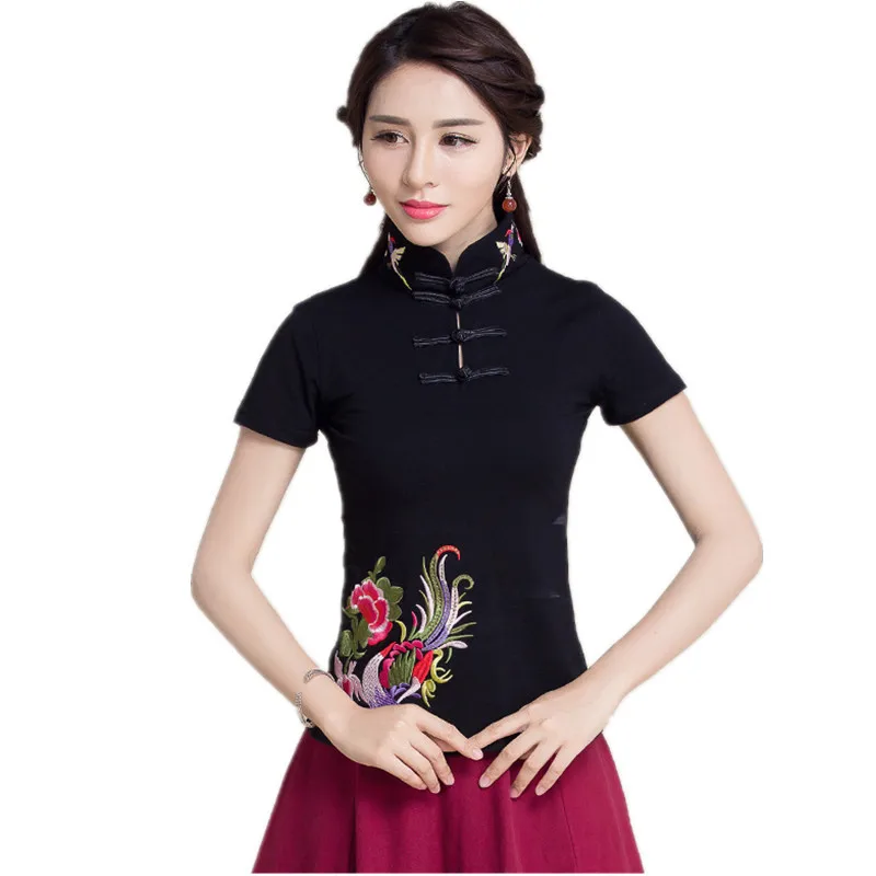 Женская блузка из хлопка с вышивкой черная и белая элегантная винтажная в стиле