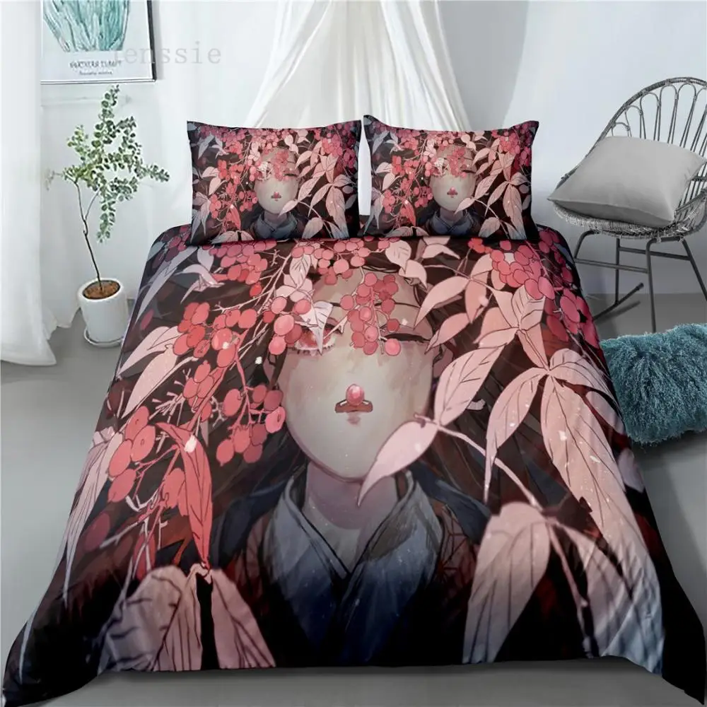 

3D Cartoon Printed Bedding Set Anime Demon Slayer Duvet Cover with Pillowcase Bed Linens Twin Full Queen King Size