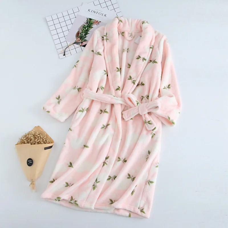 2020 New Year Robe Winter Thick Warm Female Bathrobe Flannel Pink Kimono Cute Nightgown Print Night Dress Casual Sleepwear | Женская
