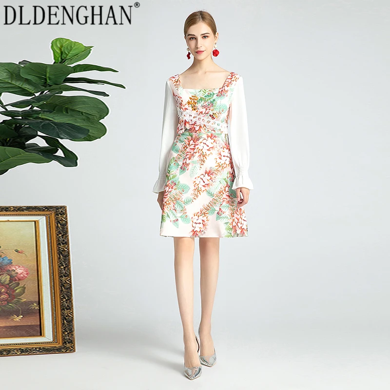 

DLINGHAN Fashion Floral Print Dress Women's Flare Sleeve Lace Patchwork Square Collar Backless Vacation Mini Dresses Summer New
