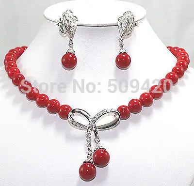 

Wholesale 32012 Pretty jewelry 10mm Red shell pearl Necklace inlaid crystal Earring Set