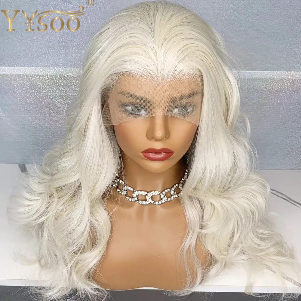 YYsoo Long 60H613 Color Synthetic Lace Front Wigs for Women 13x4 Futura Heat Resistant Fiber Hair Half Hand Tied White Wavy Wig