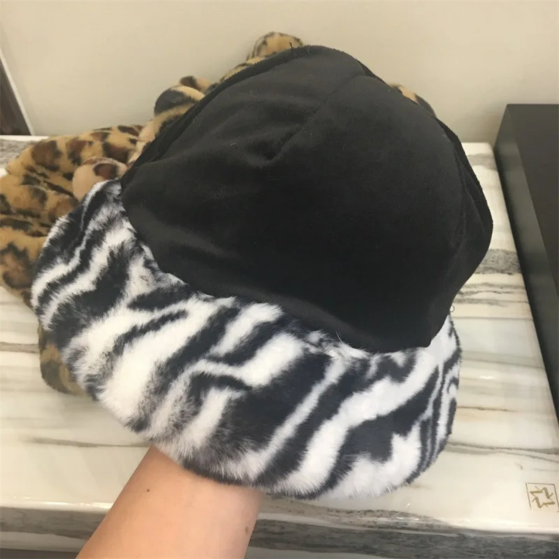 

Fluffy Winter Warm Hats For Women Zebra Striped Rainbow Print Faux Fur Fisherman Hat Soft Velvet Dome Fisherman Cap