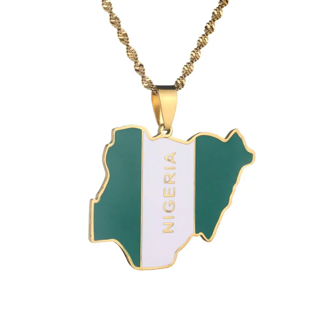Нержавеющая сталь Мода Эмаль Нигерия карта кулон в форме флага ожерелья золотой