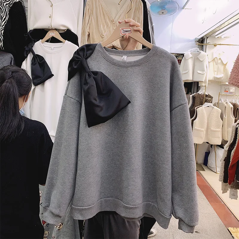 

Autumn and Winter New Velvet Bowknot Sweater Women's Round Neck Pullover Loose Solid Color Fashion Blouse Korean Version Y2k