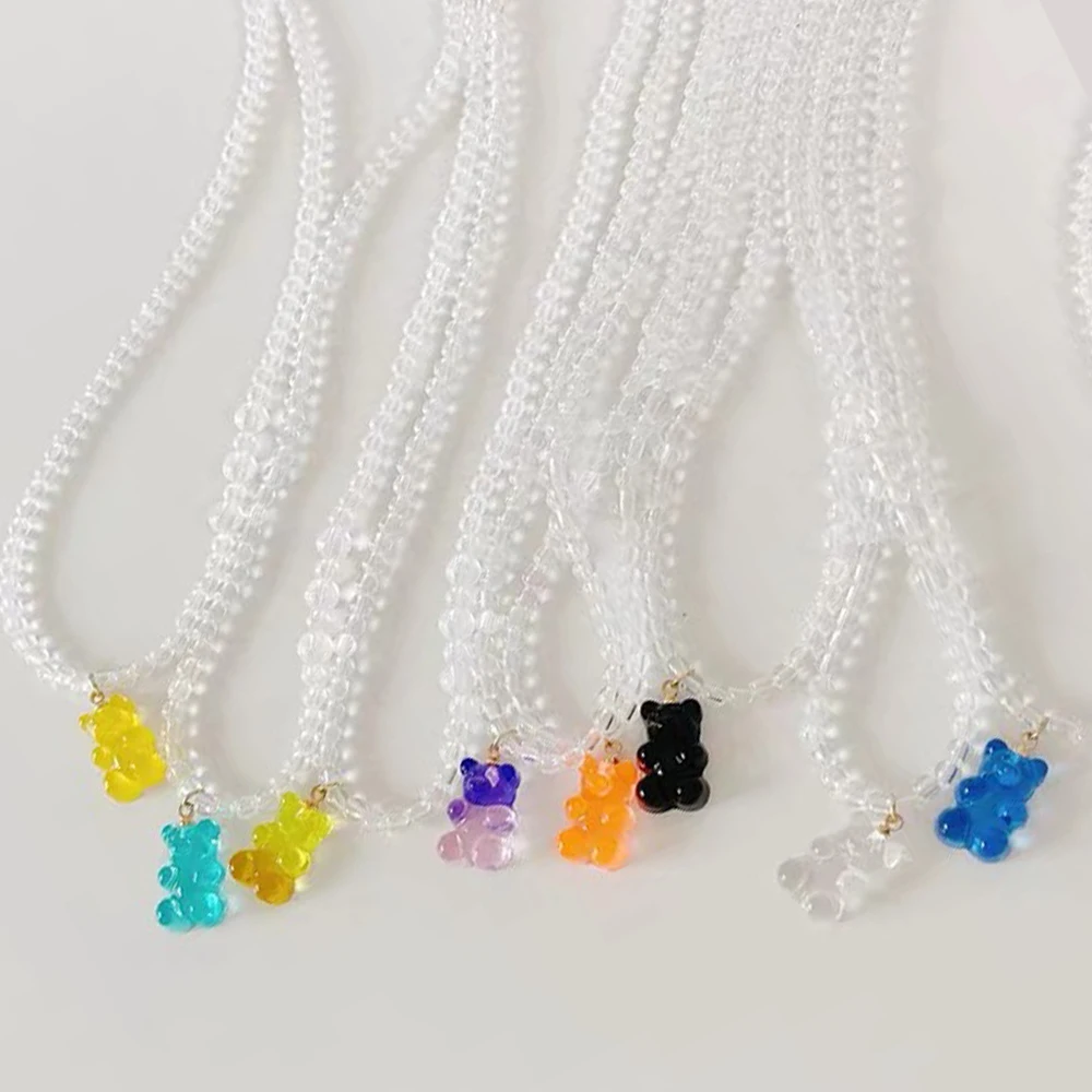 

Simple Candy Color Gummy Bear Transparent Beaded Necklace For Women Cute Cartoon Bear Pendant Handmade Choker Y2K Korean Jewelry