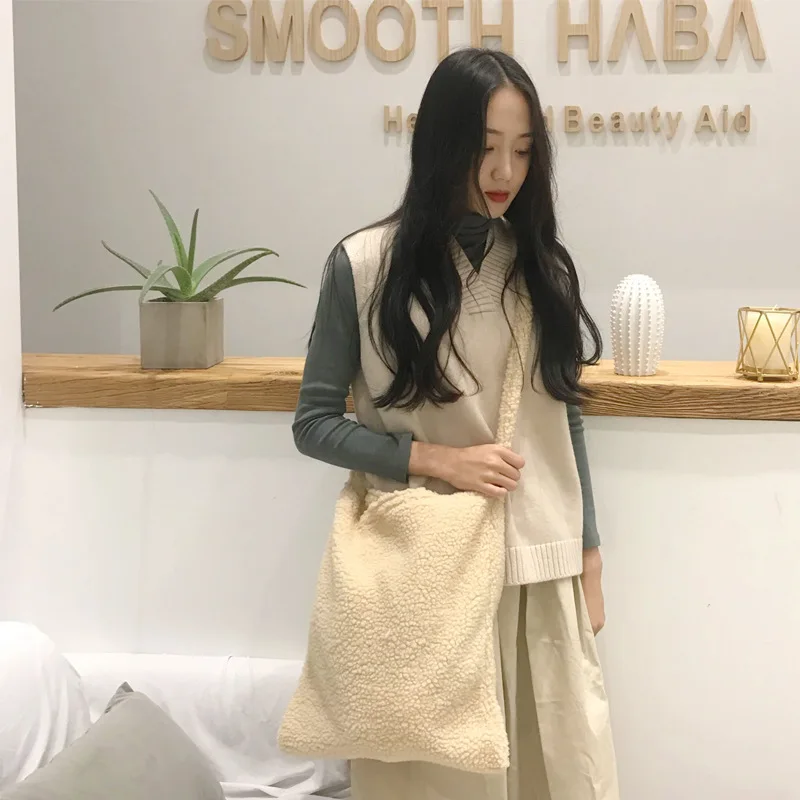 

Art Design Plush Bag Women Pure Color Imitation Lamb Wool Crossbody Bags Women Winter Shoulder Bag Girl Messenger Bag Bolsa Sac