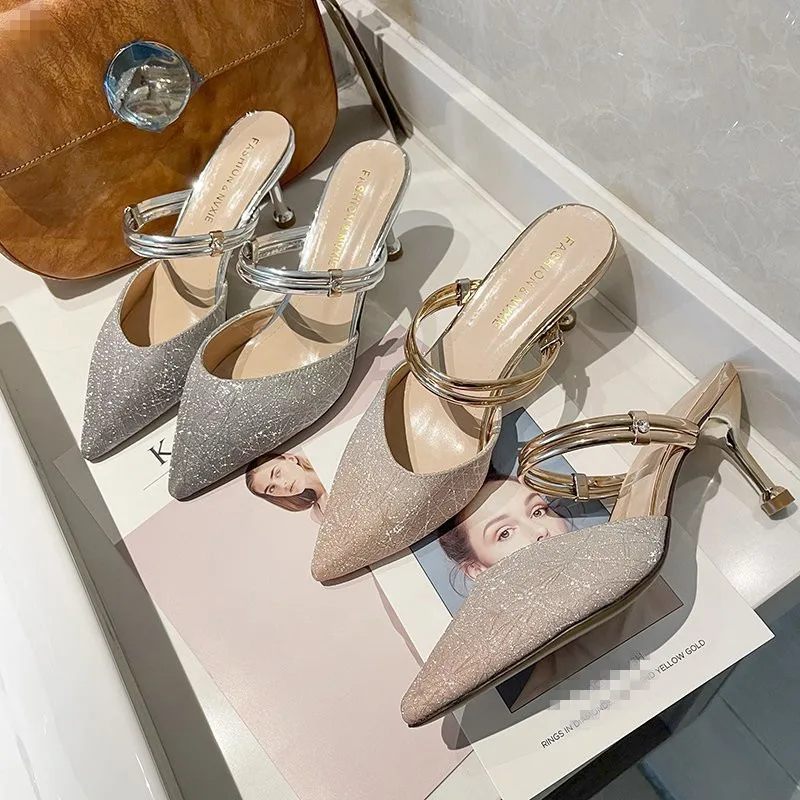 

Female Shoes Slippers Heels Glitter Slides Shallow Cover Toe Med Fashion 2021 High Thin Jelly Silver Summer Luxury Cotton Fabric