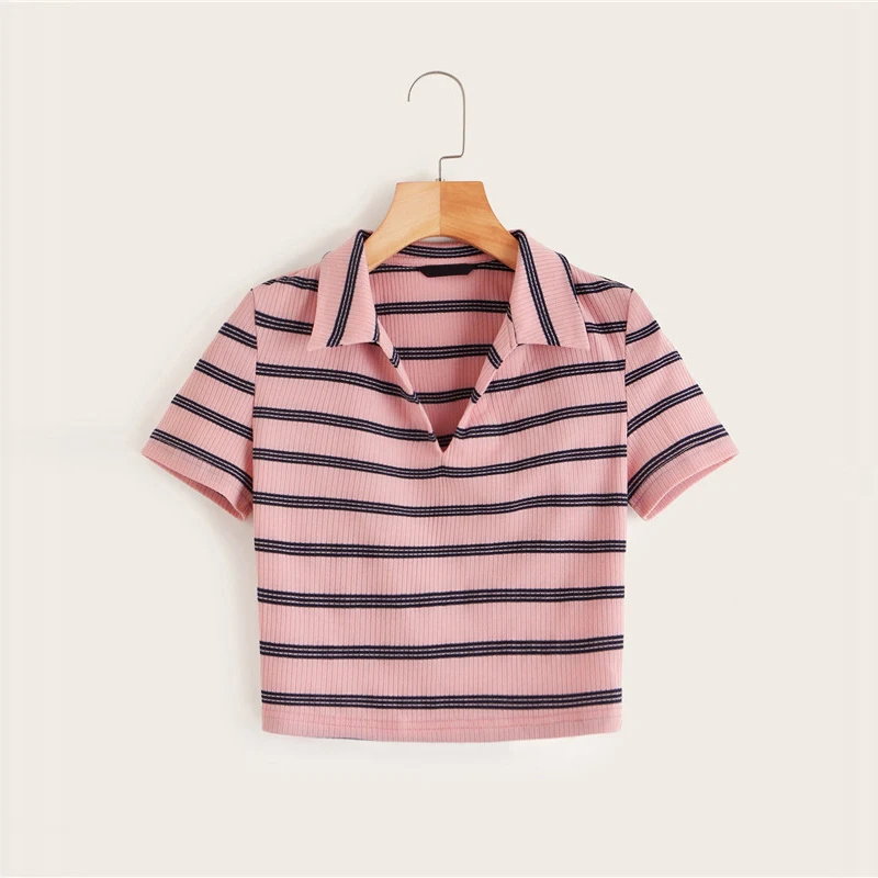 Romwe Sport Collared футболка в полоску с v-образным вырезом, женская летняя укороченная футболка с короткими рукавами, спортивные топы для бега, облегающая спортивная одежда