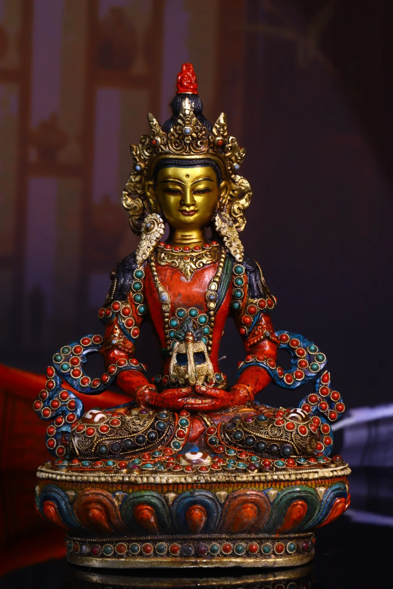 

9"Tibetan Temple Collection Old Bronze outline in gold Tracing mosaic Gem Dzi Bead Longevity Buddha Sitting Buddha Town House