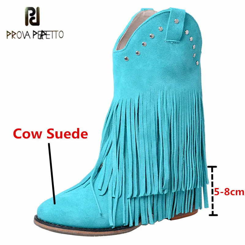 

Prova Perfetto Hand-made Cow Suede Lady's Short Boots Fashion Rivet Fringe Classics Solid Color High Heels Slip-on Women's Boots