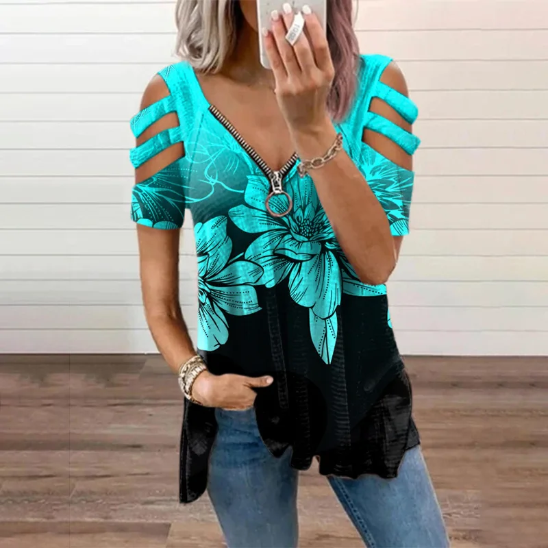 

New Summer Cold Shoulder Leopard Print Zipper V-Neck Loose Casual Ladies Shirt Plus Size Tops 5XL Oversized Women Blouse 2021