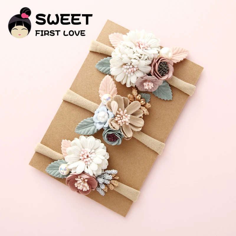 6 шт. из нейлона для девочки повязка на голову с цветком мягкий жемчугом в