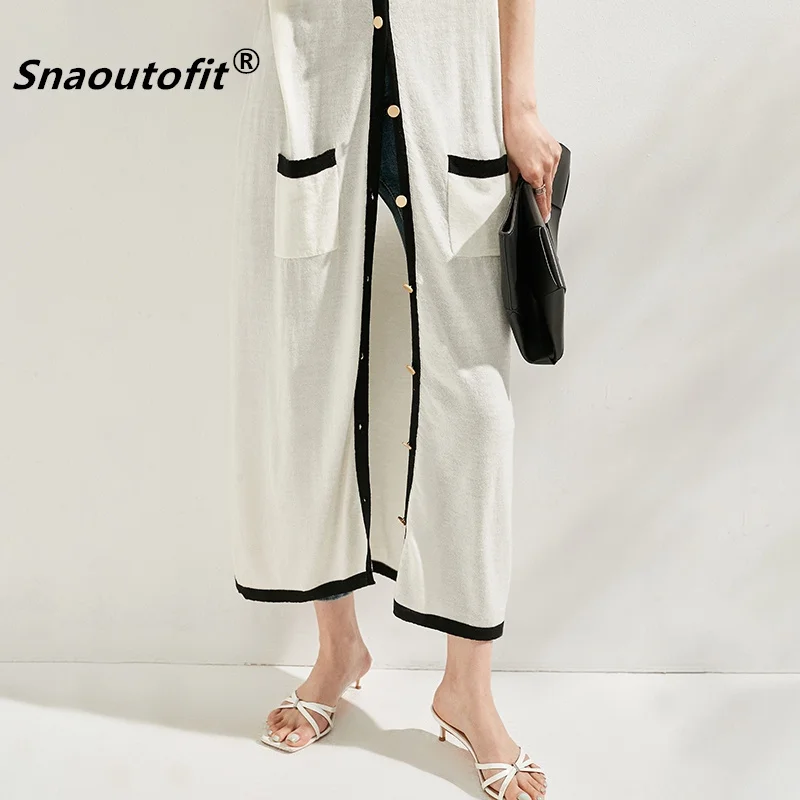 Snaoutofit  Mid-Length Knitted Cardigan Women's Light Luxury New Loose Temperament Pure Wool Black White Stitching Color Coat