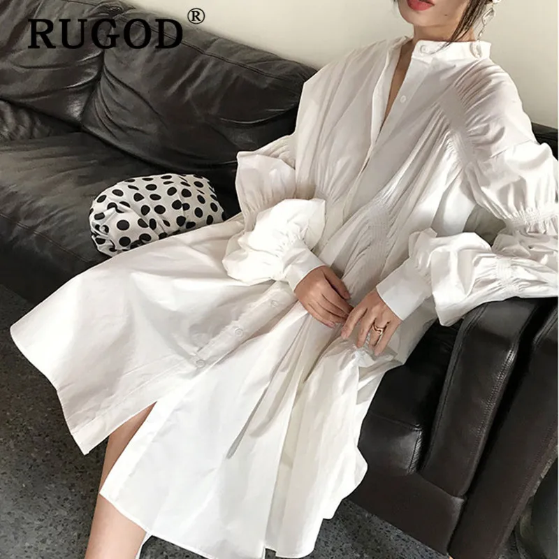 RUGOD 2020 корейские женские осенние белые плиссированные платья рубашки с длинным