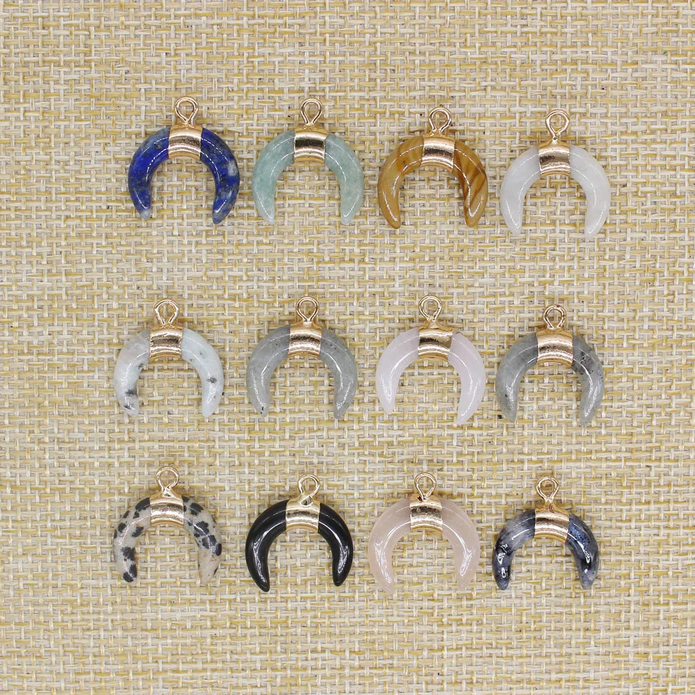

12 pieces of natural crystal stone pendant silver necklace crescent moon double horn pendant women men healing jewelry TR-044